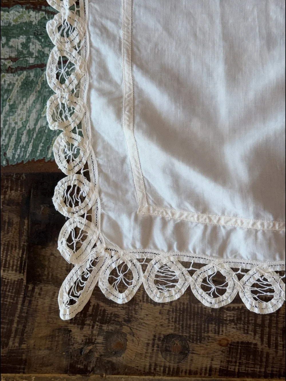 Vintage Off-White Linen Table Topper 30x33 Hand Embroidered Cutwork Lace